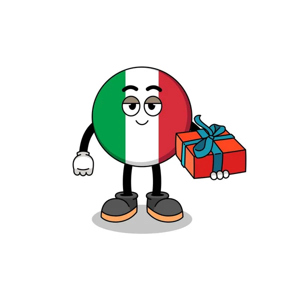 Italia Bandiera Della Mascotte Illustrazione Dando Regalo Character Design — Vettoriale Stock