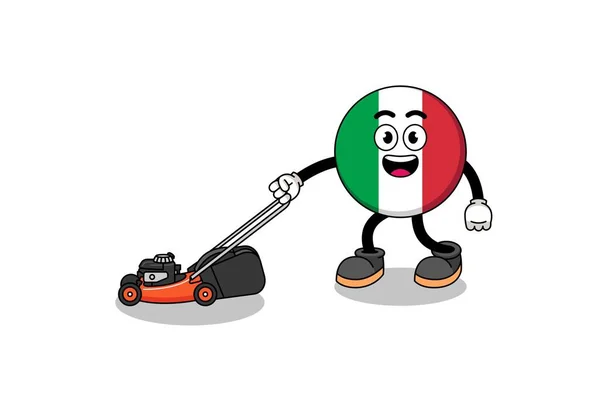 Italská Vlajka Ilustrace Karikatura Držení Sekačky Trávu Charakter Designu — Stockový vektor