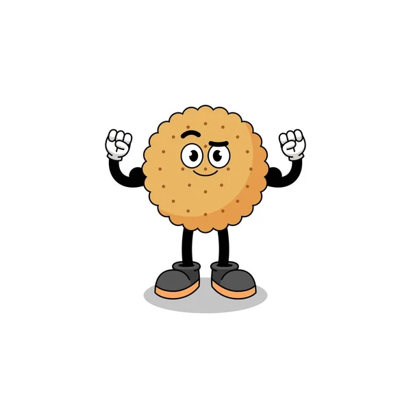 Mascotte Cartoon Van Biscuit Ronde Poseren Met Spier Karakter Ontwerp — Stockvector