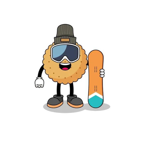 Mascotte Cartoon Van Biscuit Ronde Snowboard Speler Karakter Ontwerp — Stockvector