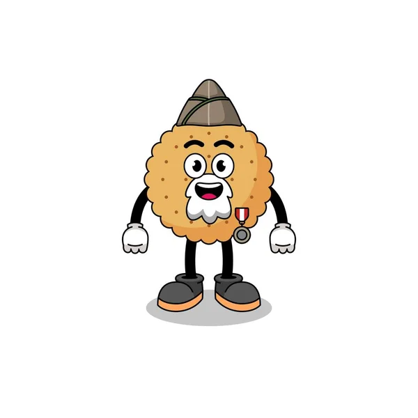 Karakter Cartoon Van Biscuit Ronde Als Een Veteraan Karakter Ontwerp — Stockvector