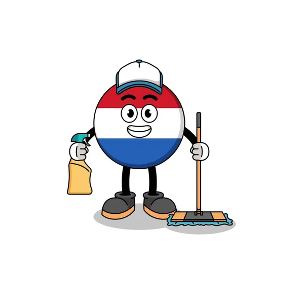 Mascote Caráter Bandeira Das Terras Baixas Como Serviço Limpeza Design — Vetor de Stock