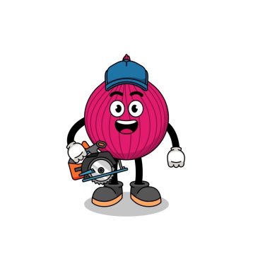 Bir ahşap işçisi gibi soğan kırmızısı çizgi film çizimi, karakter tasarımı