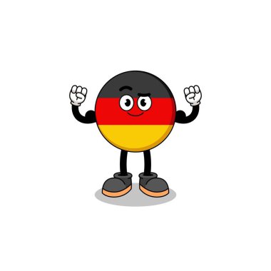 Alman bayrağının maskot karikatürü kas ve karakter tasarımıyla poz veriyor.