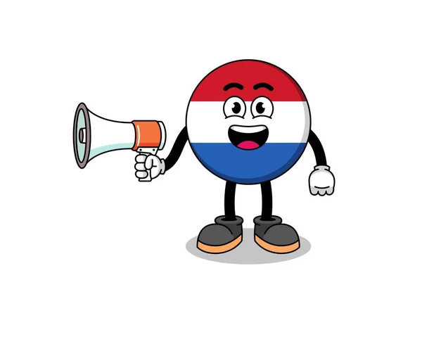 Netherlands Bandeira Cartoon Ilustração Segurando Megafone Design Personagem — Vetor de Stock