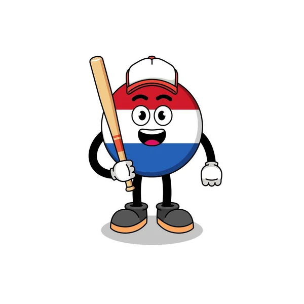 Netherlands Vlajka Maskot Karikatura Jako Hráč Baseballu Charakter Design — Stockový vektor