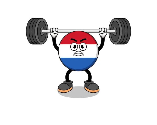 Netherlands Flag Mascot Cartoon Lifting Barbell Character Design — Stock Vector