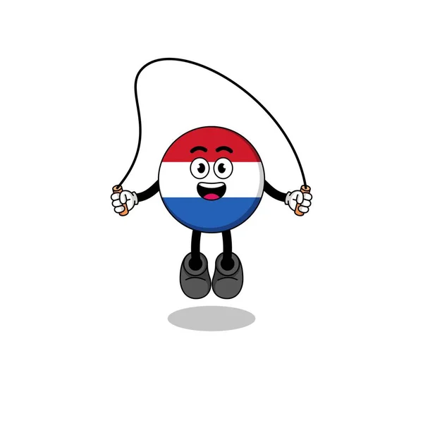 Netherlands Bandeira Mascote Cartoon Está Jogando Pulando Corda Design Personagem — Vetor de Stock