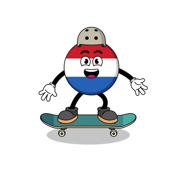 Mascotte Drapeau Des Pays Bas Jouant Skateboard Character Design — Image vectorielle