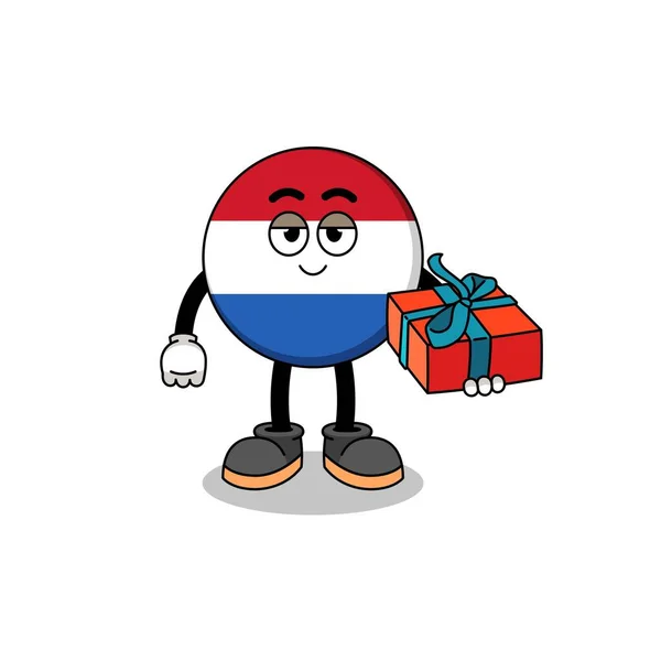 Netherlands Bandeira Mascote Ilustração Dando Presente Design Caráter — Vetor de Stock