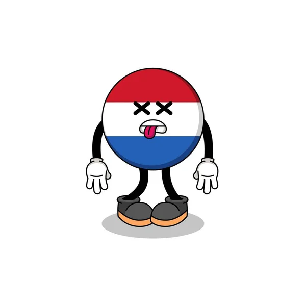 Netherlands Bandeira Mascote Ilustração Está Morto Design Caráter — Vetor de Stock