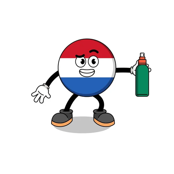 Netherlands Bandeira Ilustração Desenho Animado Segurando Repelente Mosquito Design Personagem — Vetor de Stock