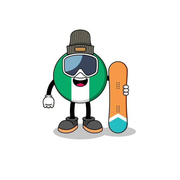 Maskotka Kreskówki Nigeryjskiej Flagi Snowboardzisty Projekt Postaci — Wektor stockowy