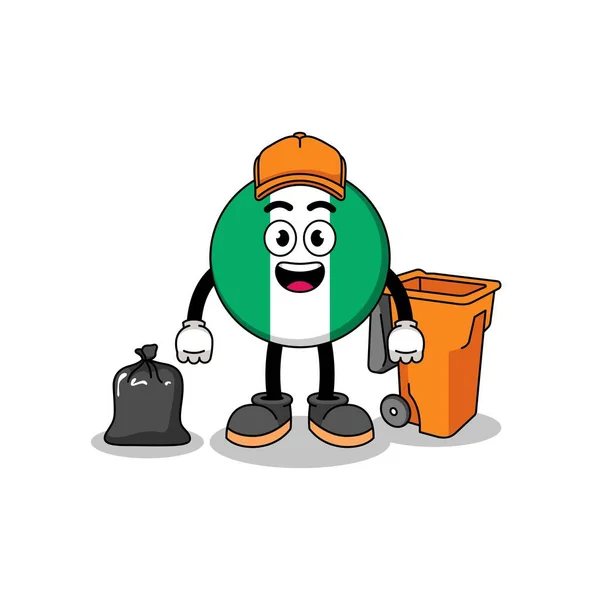 Illustration Der Nigerianischen Flagge Karikatur Als Müllsammler Charakter Design — Stockvektor