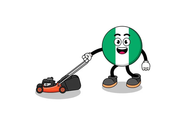 Nigeria Flag Illustration Cartoon Holding Lawn Mower Character Design — Stock Vector