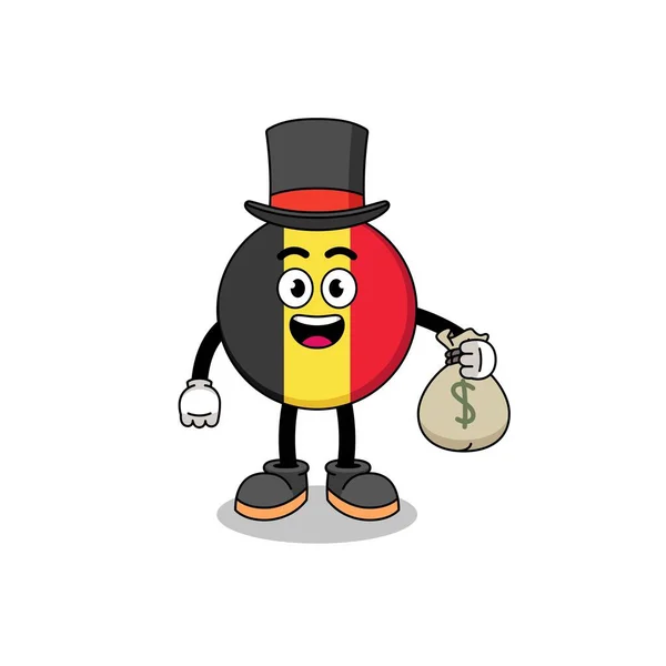 Belgium Bandeira Mascote Ilustração Rico Homem Segurando Saco Dinheiro — Vetor de Stock
