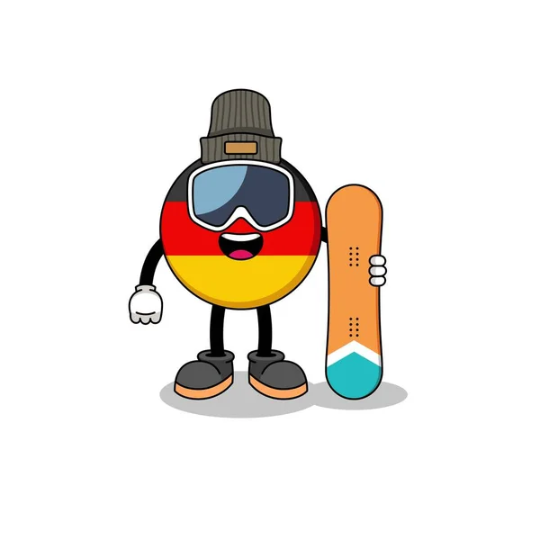 Mascota Dibujos Animados Alemania Jugador Snowboard Bandera Diseño Personajes — Vector de stock