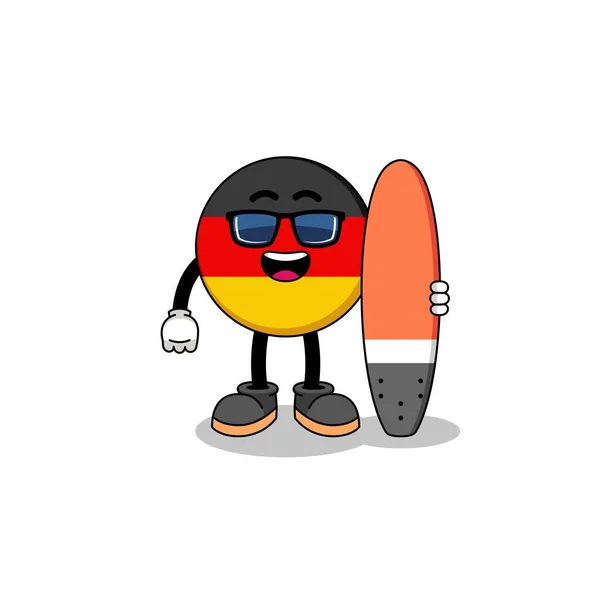 Sörfçü Olarak Almanya Bayrağının Maskot Karikatürü Karakter Tasarımı — Stok Vektör