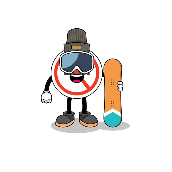 Maskotský Karikatura Žádné Kouření Znamení Snowboard Přehrávač Charakter Design — Stockový vektor