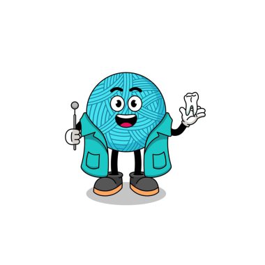 Diş hekimi olarak yün yumağı maskotu tasviri, karakter tasarımı.