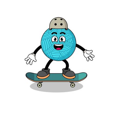 İplik topu maskotu kaykay oynuyor, karakter tasarımı