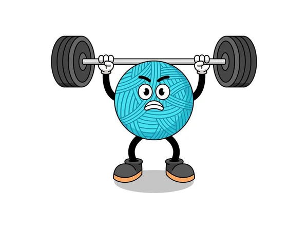 Yarn Ball Mascot Cartoon Lifting Barbell Character Design — Stock Vector