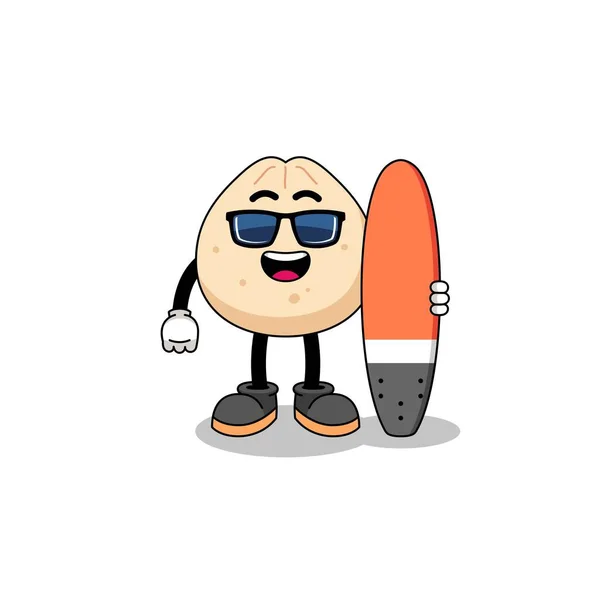 Mascotte Cartoon Van Vlees Broodje Als Surfer Karakter Ontwerp — Stockvector