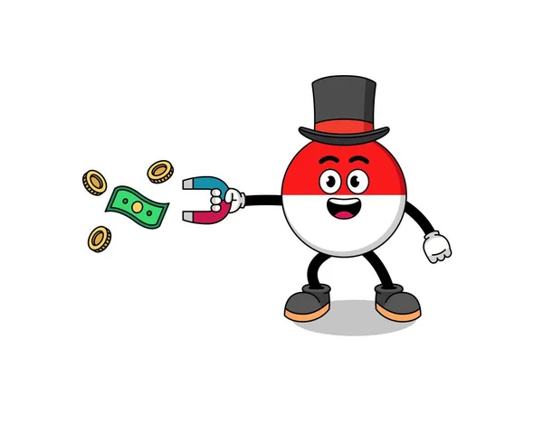 Character Illustration Indonesia Flag Catching Money Magnet Character Design — Stock Vector