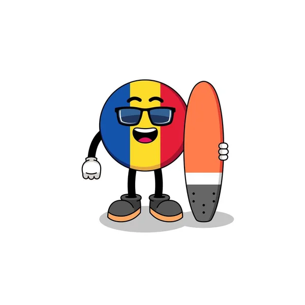 Mascot Cartoon Romania Flag Surfer Character Design — Stock Vector