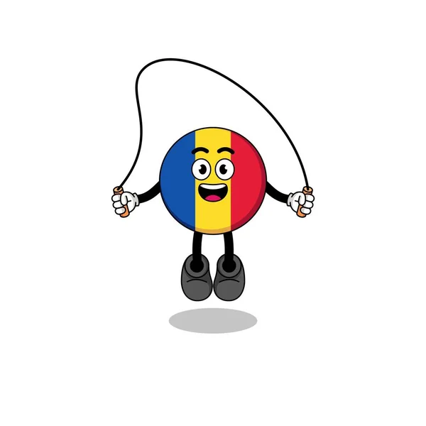 Romania Bandera Mascota Dibujos Animados Está Jugando Saltar Cuerda Diseño — Vector de stock