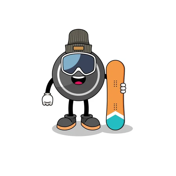 Maskotský Karikatura Hokejového Puku Snowboardista Charakter Designu — Stockový vektor