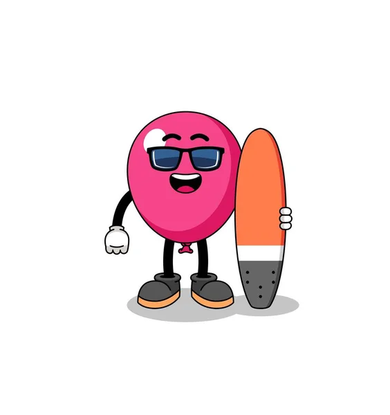 Maskottchen Cartoon Von Ballon Als Surfer Charakter Design — Stockvektor