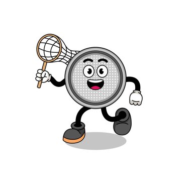 Bir kelebek yakalayan düğme hücre karikatürü, karakter tasarımı