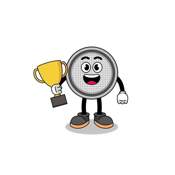 Mascote Desenhos Animados Célula Botão Segurando Troféu Design Personagem —  Vetores de Stock