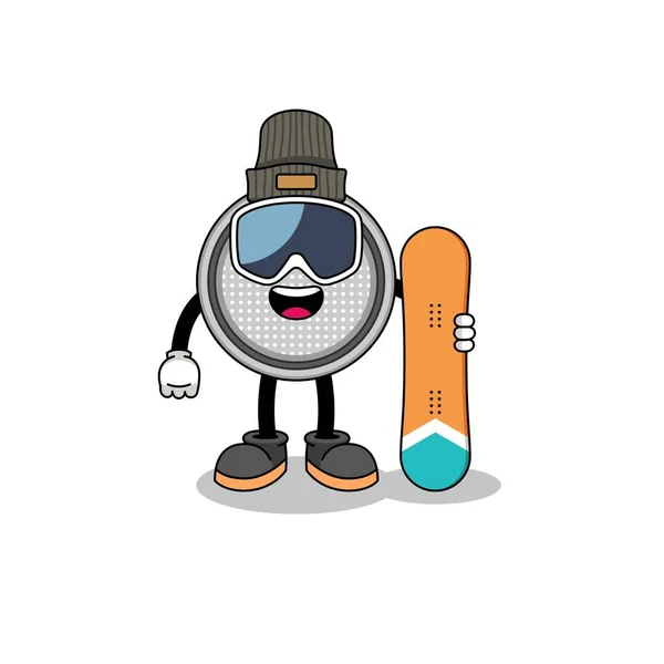 Dibujos Animados Mascota Del Jugador Snowboard Célula Del Botón Diseño — Vector de stock