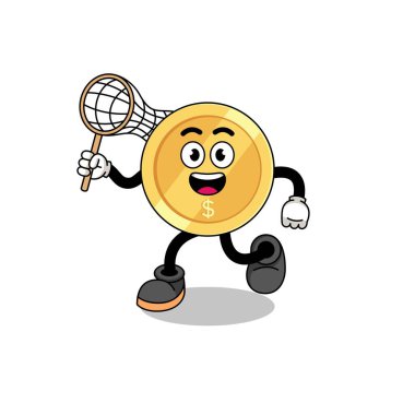 Para karikatürü kelebek yakalıyor, karakter tasarımı.