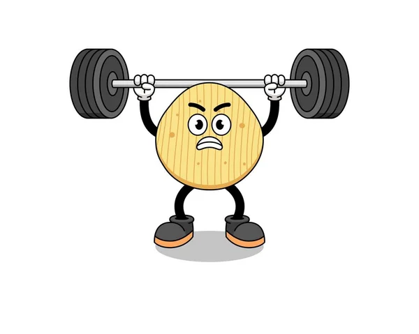 Potato Chip Mascot Cartoon Lifting Barbell Character Design — стоковый вектор