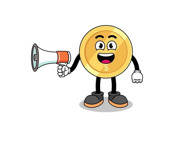 Dollar Coin Cartoon Illustration Holding Megaphone Character Design — Stock Vector