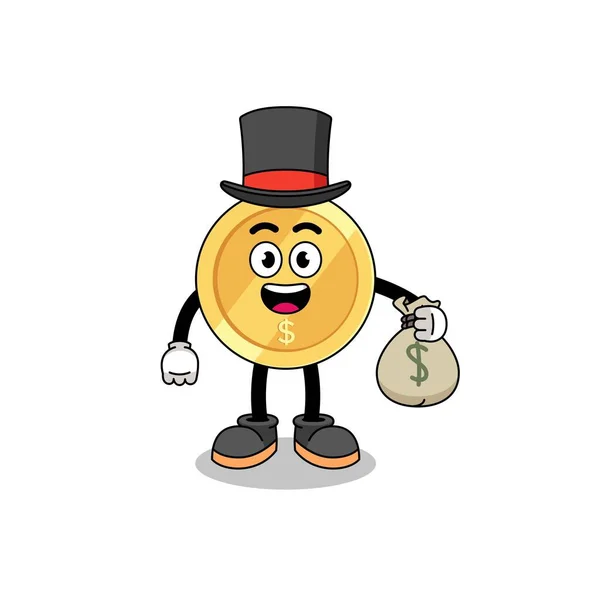 Dollar Coin Mascot Illustration Rich Man Holding Money Sack Character —  Vetores de Stock