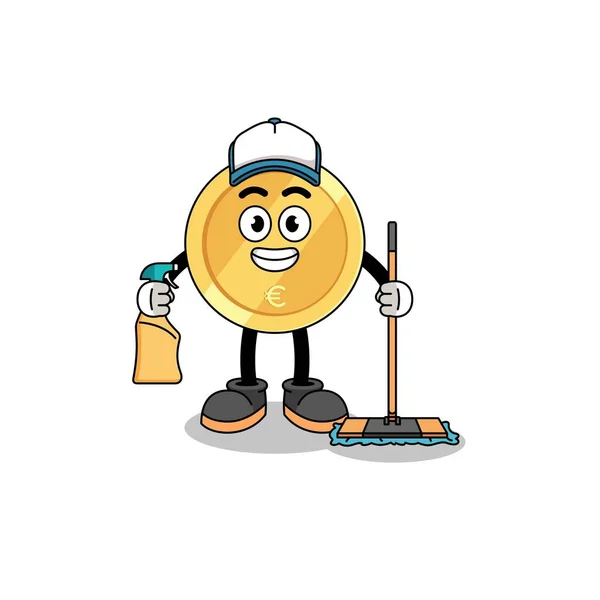 Character Mascot Euro Coin Cleaning Services Character Design — Archivo Imágenes Vectoriales