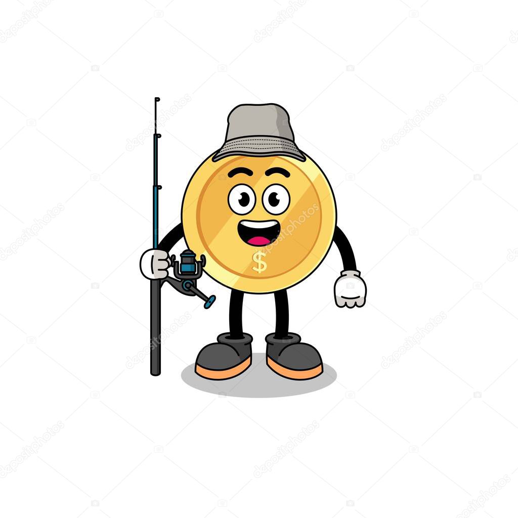 Mascot Illustration of dollar coin fisherman , character design