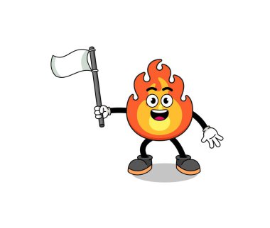 Beyaz bir bayrak taşıyan ateşin çizgi film tasarımı, karakter tasarımı