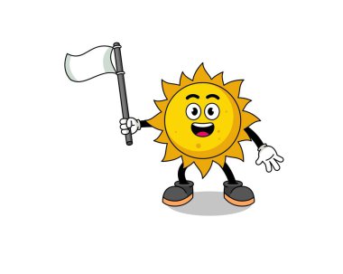 Beyaz bir bayrak taşıyan güneşin çizgi film tasarımı, karakter tasarımı