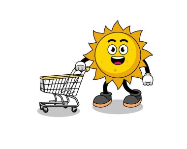Cartoon of sun holding a shopping trolley , character design