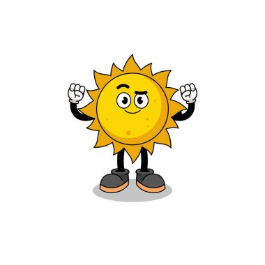 Güneşin maskot çizgi filmi kaslı poz veriyor, karakter tasarımı