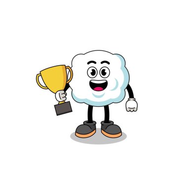 Bulutların çizgi film maskotu bir kupa tutuyor, karakter tasarımı
