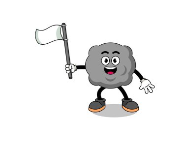 Beyaz bir bayrak taşıyan kara bulutun çizgi film çizimi, karakter tasarımı