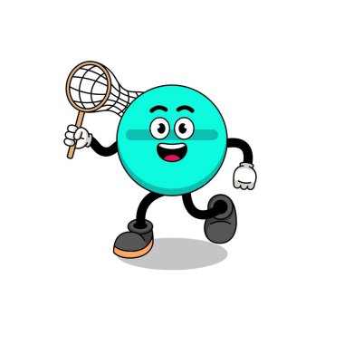 Bir kelebek yakalayan ilaç tableti karikatürü, karakter tasarımı