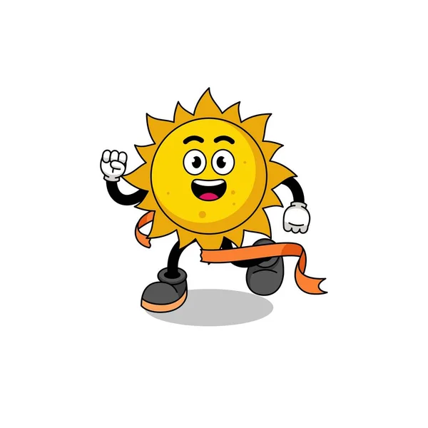 Mascota Dibujos Animados Sol Corriendo Línea Meta Diseño Personajes — Vector de stock