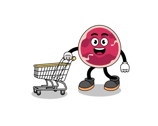 Cartoon Meat Holding Shopping Trolley Character Design — Vettoriale Stock